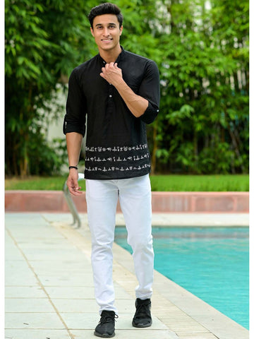 Black Embroidered Cotton Kurta